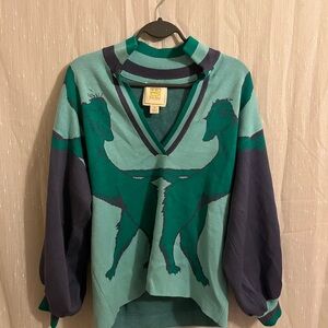 Emily McCarthy Lion V-Neck Sweater in Teal and Navy